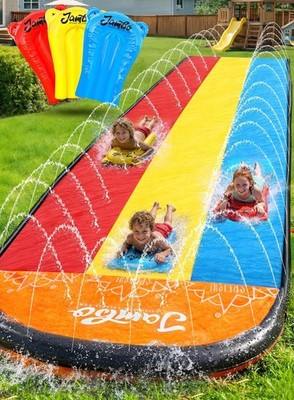 JAMBO Premium Triple Water Slide with 3 Bodyboards, 20Ft Heavy Duty Slip Splash 