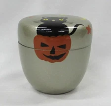 Japanese Natsume Silver Halloween Tea Caddy with Black Cat & Jack-O'-Lantern