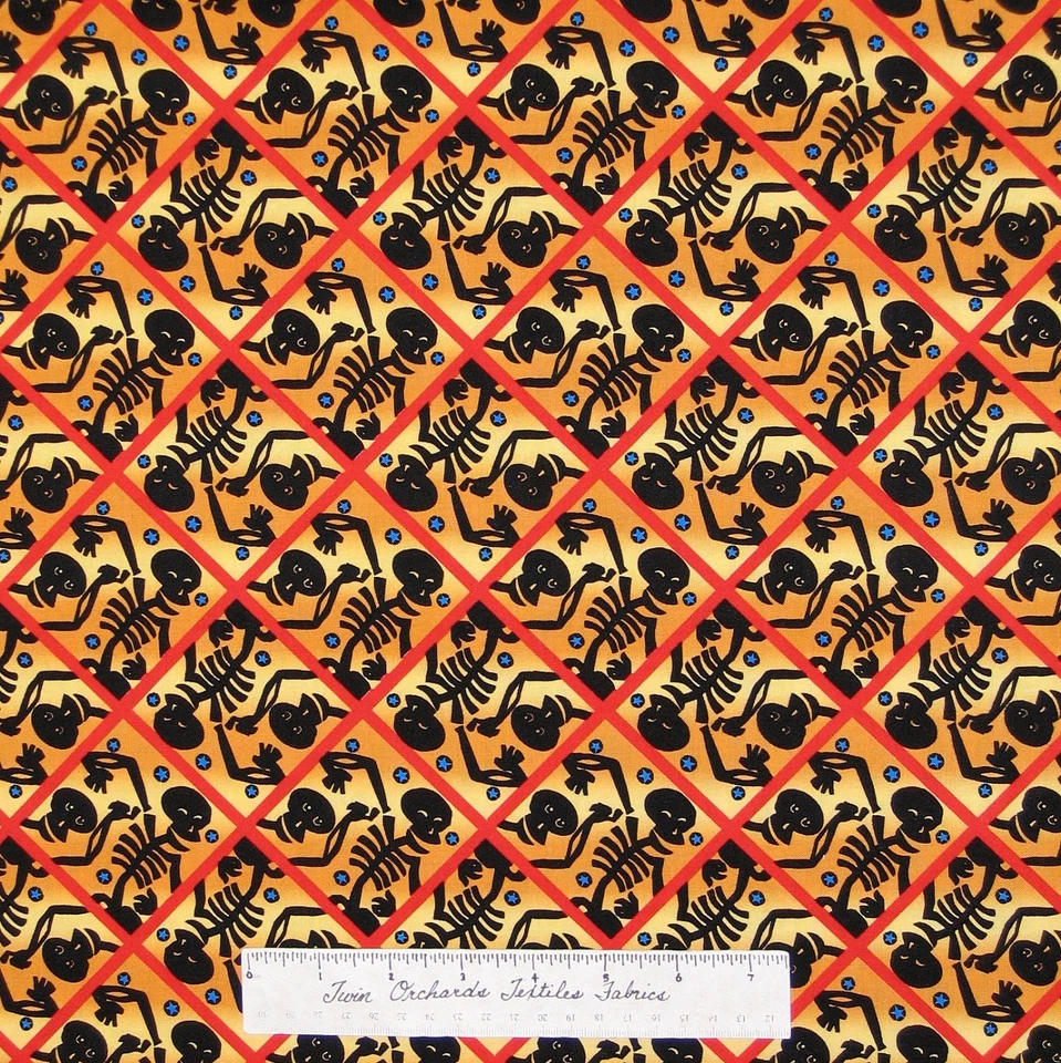 Tela Halloween - Huesos Cruzados Esqueleto Naranja Amarillo Negro - Patio Espíritu Libre Foto 2 de 2