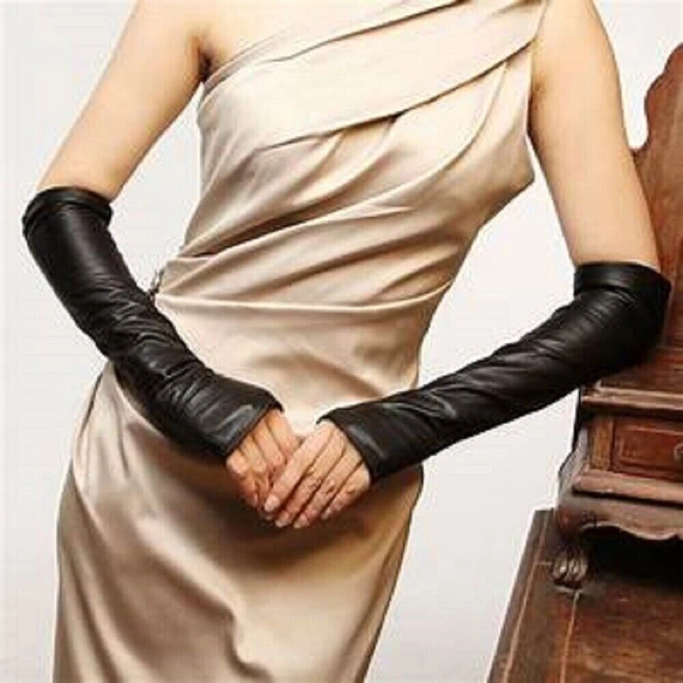 Fingerless Genuine Leather Ladies Long Sleeve Elbow Driving Gloves Party Wedding - Image 2 of 4