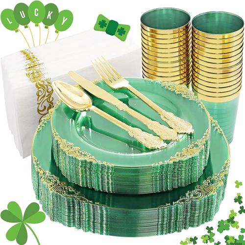 175Pcs Clear Green Plastic Plates - Green Gold Plastic Plates Disposable Include
