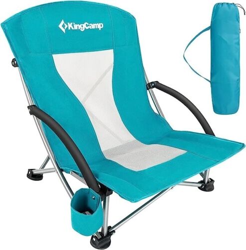 Chaise de plage basse KingCamp en maille dos inclinable avec appuie-tête couleur cyan NEUF ! - Photo 1/3