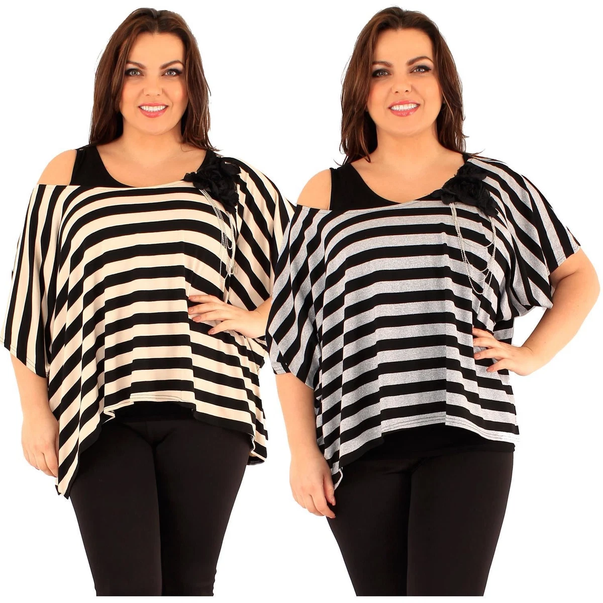 Ladies Plus Size Stripy Chiffon 2in1 Flower Tops Batwing Sleeve Tunic Tops  16-26