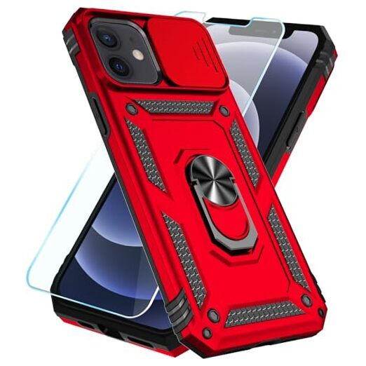 for iPhone 12/12 Pro Case with HD Screen Protector & Slide Camera Cover & Red