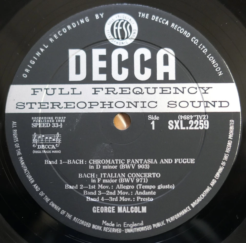 SXL 2259 ED1 Bach Harpsichord Recital George Malcolm NEAR MINT Decca WBG 1st - Image 2 of 4