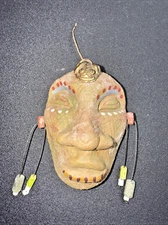 Stone Carved Folk Art Face w/ brass frog from Costa Rica