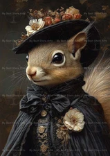 LADY SQUIRREL ART PRINT, Cottagecore Wall Decor, Victorian Animal Poster F820