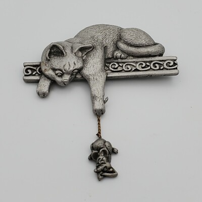 JJ Cat Catching Mouse Brooch Pin Signed Pewter Costume Jewelry Silver Tone VTG