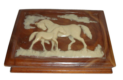 Vintage Dante Carpenters Bench Jewelry Box ~ Horse Mare & Colt Incolay ~ w/Label