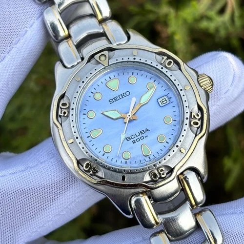 Vintage Seiko Scuba Diver 200 M Mother Of Pearl Japan Men Quartz Watch 7N35-6030