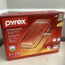 Pyrex Cooking Solved Glass Food Storage Casserole Dishes w/ 2 Lids Each 9 Pc-New