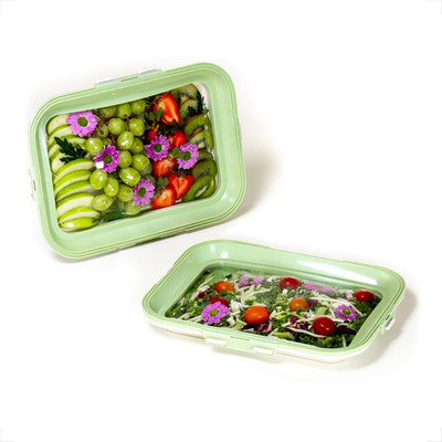 | Portable Snack Tray | Rectangle 2-Pack | Sage Green | Reversible Stretch Lid F