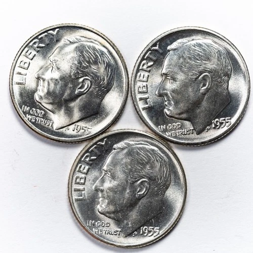 1955 90% Silver Roosevelt Dime 3 Coin PDS Set (BU)