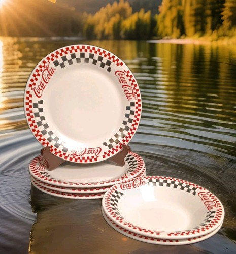6 Pc Coca-Cola Gibson 2 Checkerboard Soup Cereal Bowls & 4 Dinner Plates Vintage