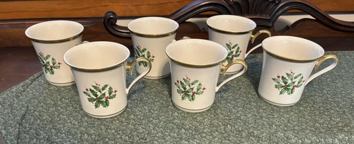 Lenox USA China HOLIDAY Mugs - Set of 6 - Dimension Gold Trim Holly Green