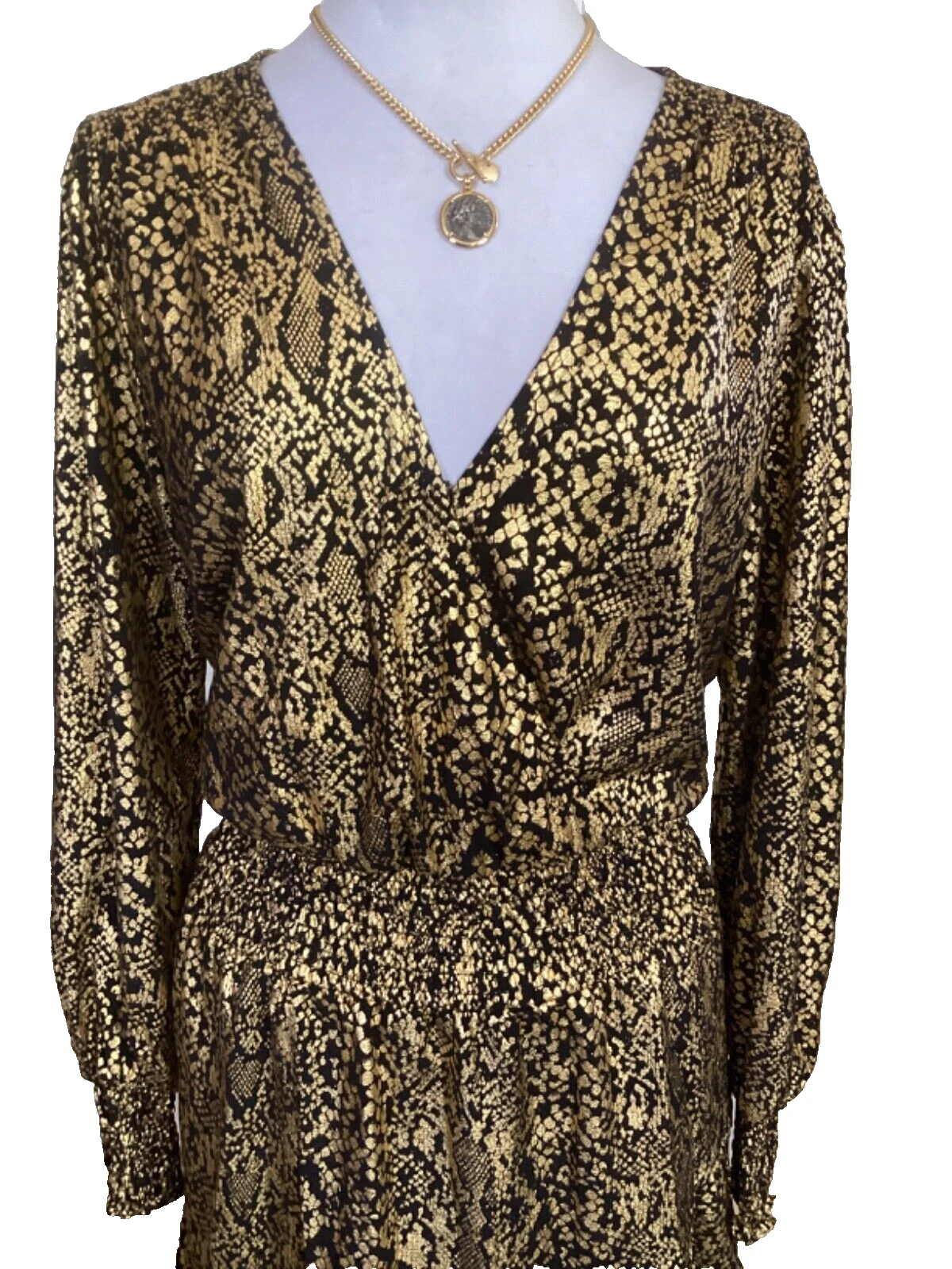 ABITO DA COCKTAIL MICHAEL KORS NERO E ORO LAMINA METALLICA STAMPA SERPENTE RUFFLE TAGLIA XL