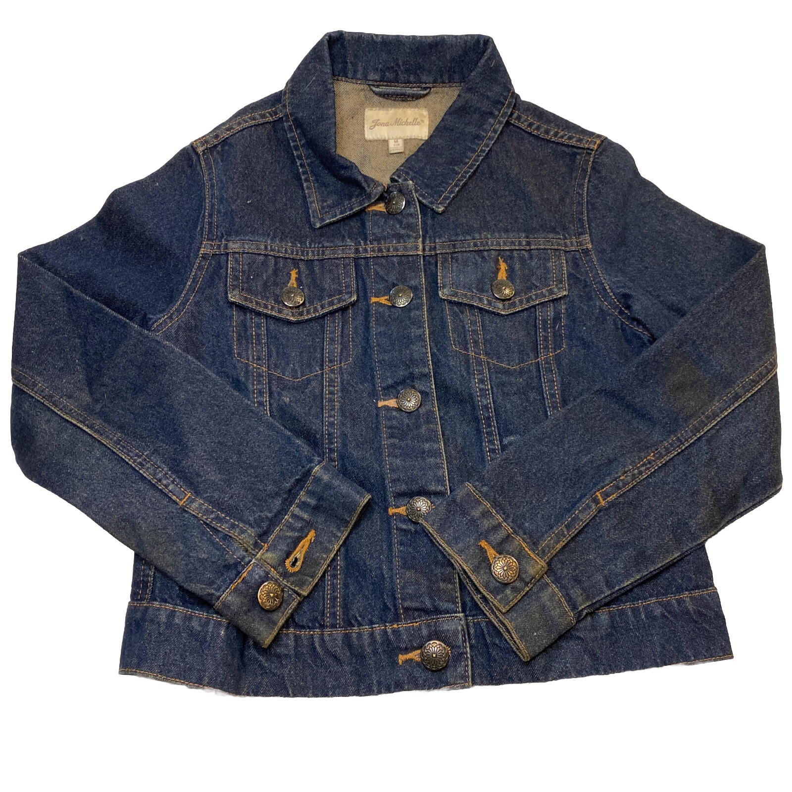 Youth Jean Jacket Girls 7/8 M Dark Wash Flower Detail Buttons Jona Mitchell