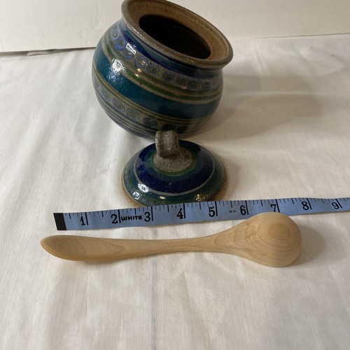 Art Pottery Honey Pot Crock Lid Wood Dipper Spoon Blue Stripe Stoneware unsigned - Picture 9 of 10