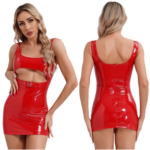Womens Sexy PU Leather Mini Dress U Neck Sleeveless Cut Out Bodycon Clubwear - Bild 4 von 51