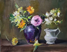 Original oil painting Still life 11"x14" Floral Flowers Vase Impressionism ART