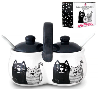 STPGoods Cats Ceramic Seasoning Jar with Spoons Set of 2 Spice Jar Condiment Set