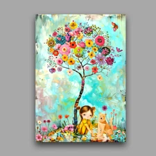 ACEO Artist Trading Card 2.5x3.5 ATC Mini Landscape Girl With Puppy Always There