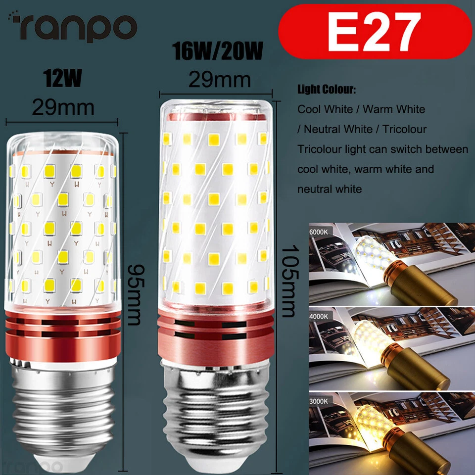 LED-Mais-Glühbirnen E14 E27 Schraubsockel 12W 16W 18W 220V dreifarbige Dimmung - Bild 3 von 4