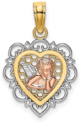 14k Gelb & Rotgold mit Rhodium kleiner Engel im Herz Anhänger