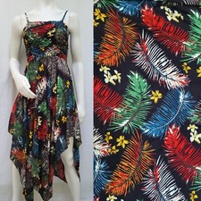 Black Tropical Floral Rayon Handkerchief Hem Dress w/ Smocked Top - One Size