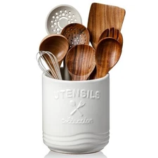 Large Ceramic Utensil Holder 7.5" H×6.3" W with Slanted Mouth - Utensil Crock...