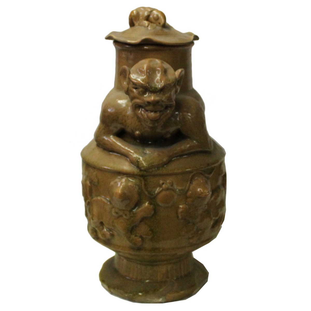 Chinese Ancient style Yellow Brown Ceremonial Jar with Relief Monster Motif cs4800S Chinese Ancient style Yellow Brown Ceremonial Jar with Relief Monster Motif cs4800S