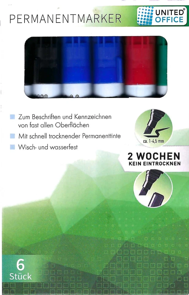 6 Permanent Marker 2x schwarz, 2x blau, 1x rot, 1x grün v. United Office-Neu&OVP