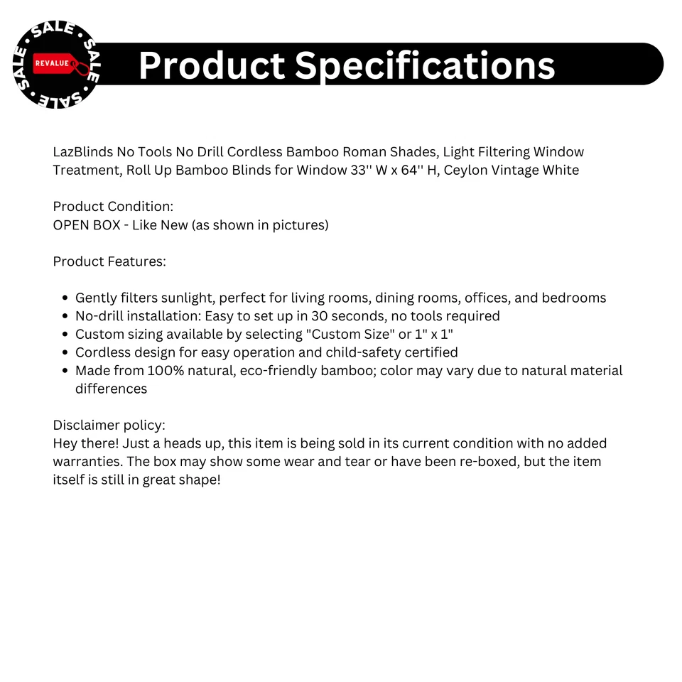 LazBlinds No Tools No Drill Cordless Bamboo Roman Shades 33'' W x 64'' H - Image 2 of 4