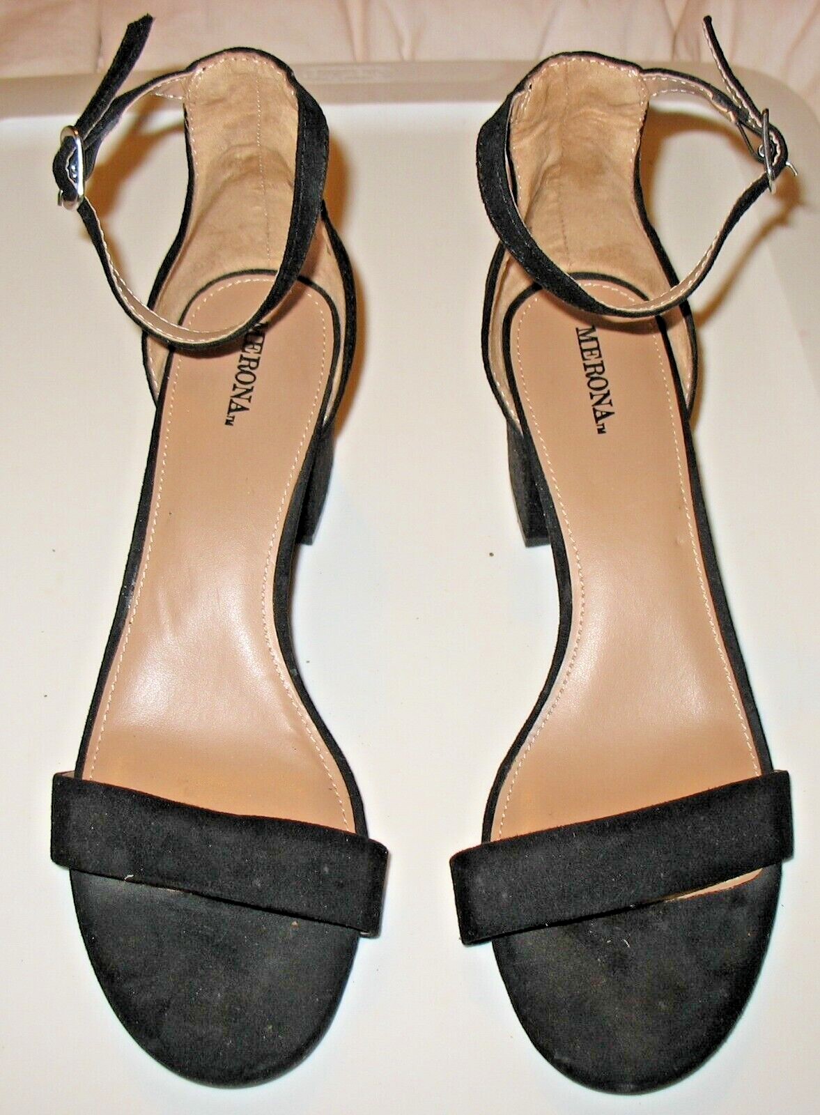 MERONA - 9 1/2 - BLACK FAUX SUEDE - ANKLE STRAP 2 1/4 BLOCK HEEL SANDALS |  eBay