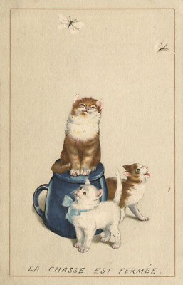 PC KATZEN, DIE JAGD IST BEENDET, Vintage Postkarte (b47141)