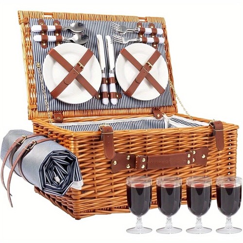 Wicker Picnic Basket Set for 4 Person, Including Insulated Cooler Compartment