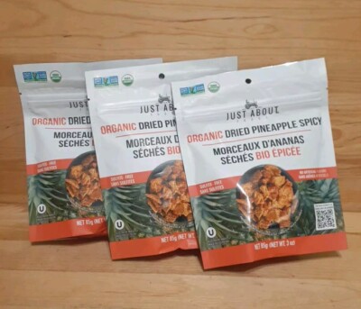 3 BAGS: JUST ABOUT FOODS Organic Dried Spicy Pineapple NO:GMO/SULFITE ORGANIC 3z