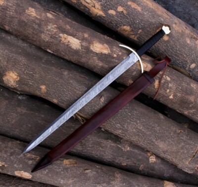 CUSTOM HANDMADE DAMASCUS SWORD, MEDIEVAL , VIKING, SWORD  WITH LEATHER SHEATH
