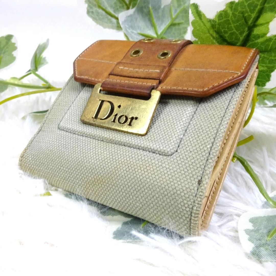 Portefeuille Christian Dior triple pli toile cuir nubuck vert occasion