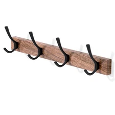 17 Inch Walnut Wood Wall Mounted Coat Rack with 4 Black Double Hooks, Adhesiv...