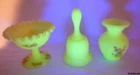 3 Vintage Satin Custard Vaseline Depression Glass Pieces - Compote Bell Vase
