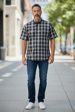 George Men's Short Sleeve Stretch Poplin Shirt Plaid Black NWT