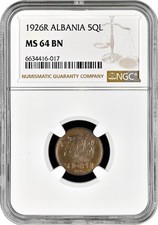 Albania 5 qindar leku 1926 R, NGC MS64 BN,  Kingdom of Albania (1925 - 1938) 
