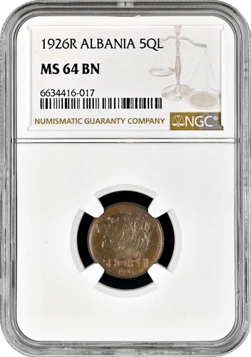 Albania 5 qindar leku 1926 R, NGC MS64 BN, "Kingdom of Albania (1925 - 1938)"