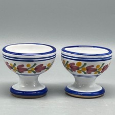 Set of 2 Vintage Sevilla Ceramic Egg Cups Floral Design Blue Trim