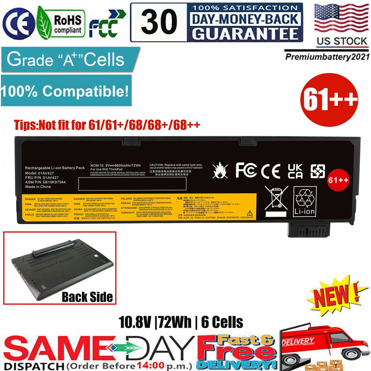61++ 72W Battery For Lenovo ThinkPad P51S T470 T480 T570 01AV427