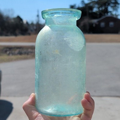 Antique 1870s Applied Top Quart Wax Sealer Fruit Canning Jar Early Crude Aqua