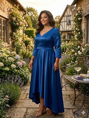 Elegant Royal Blue High-Low Evening Gown | 3/4 Sleeve Satin Special Occasion 16W