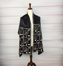 Vera Neumann Large Oblong Scarf Shawl Black Floral Print Silk   Hand Rolled