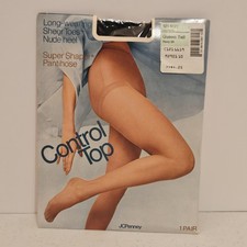 Vintage JCPenney Control Top Pantyhose Womens Queen Tall Navy Sheer Super Shaper